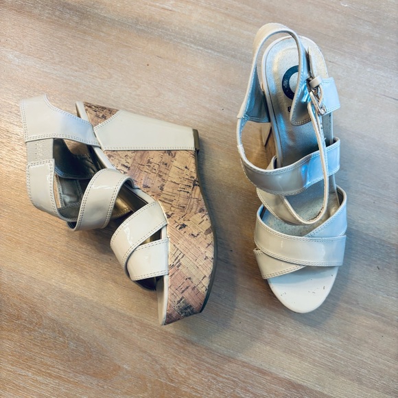 G by Guess Nude Patent Leather Ankle Strap Platform Cork Wedge Sandals, 6.5 - Picture 1 of 7